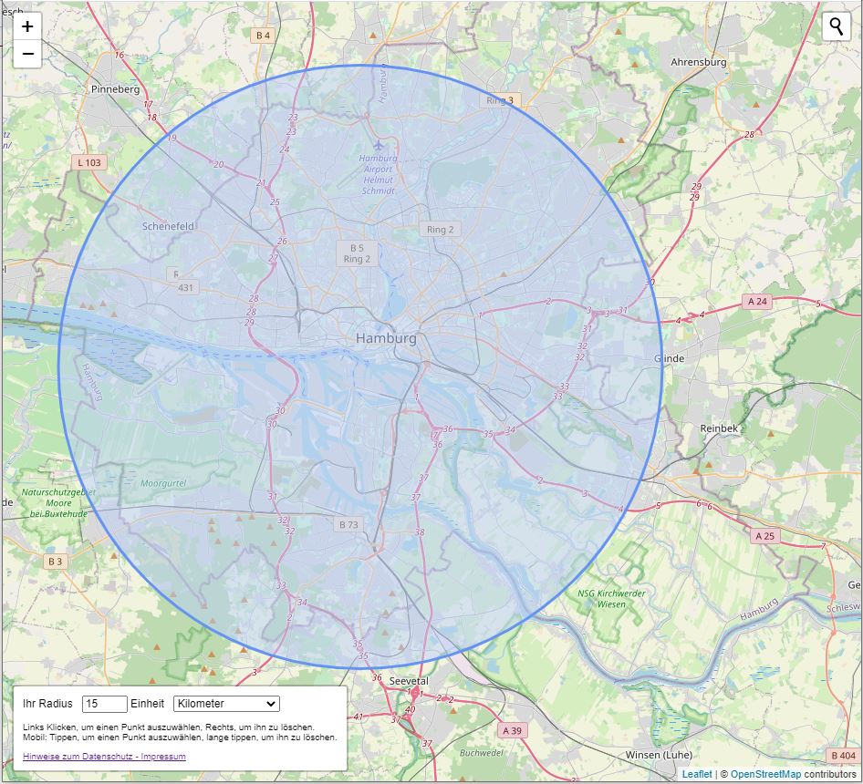 Beispiel für eine Umkreissuche mit Hilfe von Openstreetmaps. Hiermit wird ein Radius in eine Karte gezeichnet.